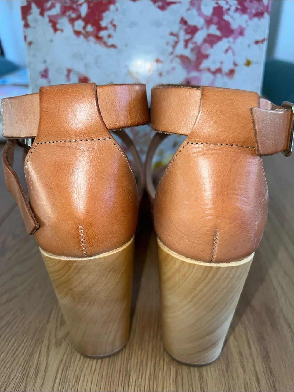 Chinese Laundry Tan Leather Platform Sandal with Wood-Look Heel